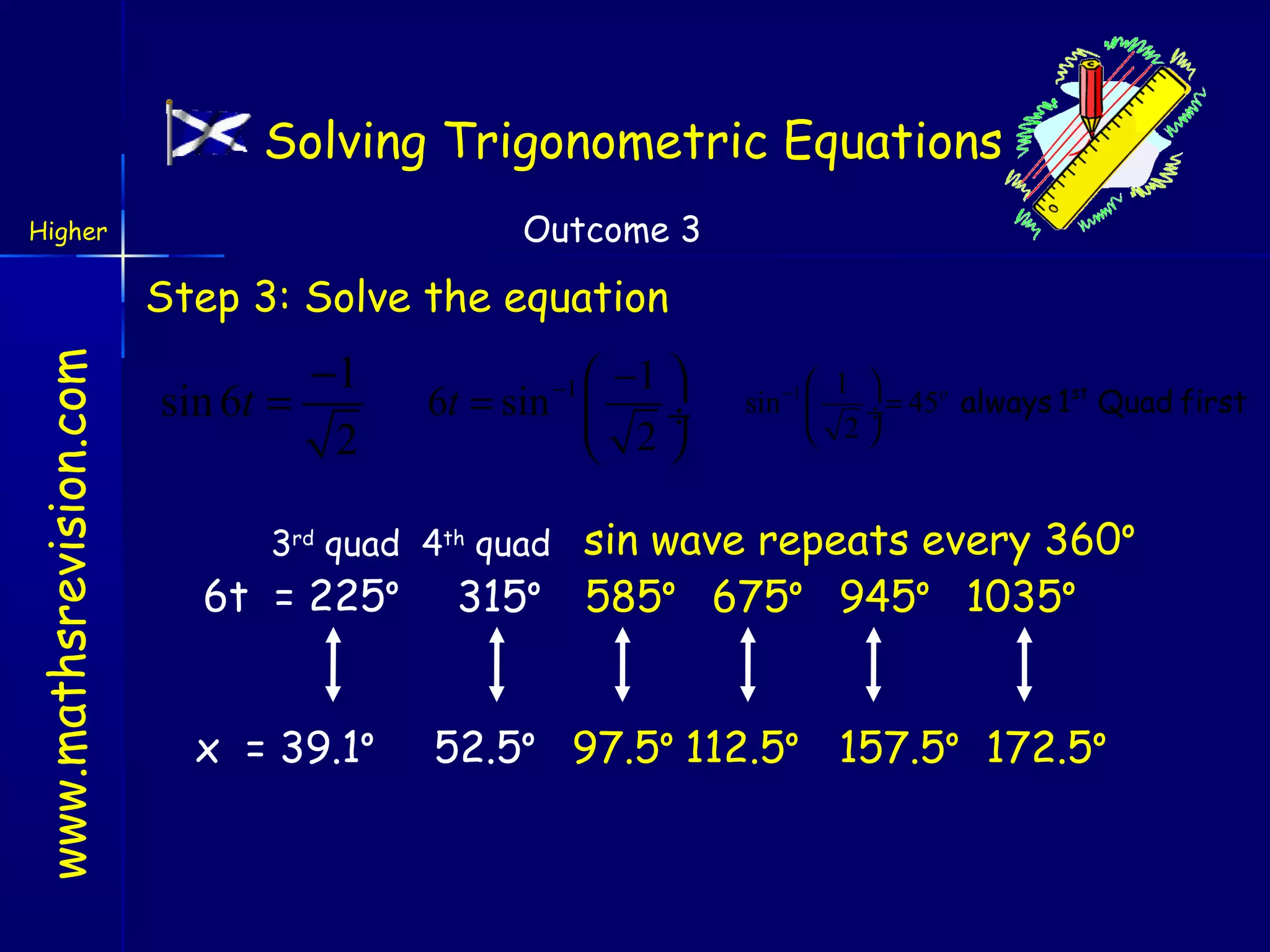 Solving Trigonometric Equations
Outcome 3

Higher

www.mathsrevision.com

Step 3: Solve the equation

−1
sin 6t =
2

 −1 
6t = sin −1 
÷
2


3rd quad 4th quad

6t = 225o
x = 39.1o

315o

 1 
o
st
sin −1 
÷ = 45 always 1 Quad first
 2

sin wave repeats every 360o
585o 675o 945o 1035o

52.5o 97.5o 112.5o 157.5o 172.5o

 