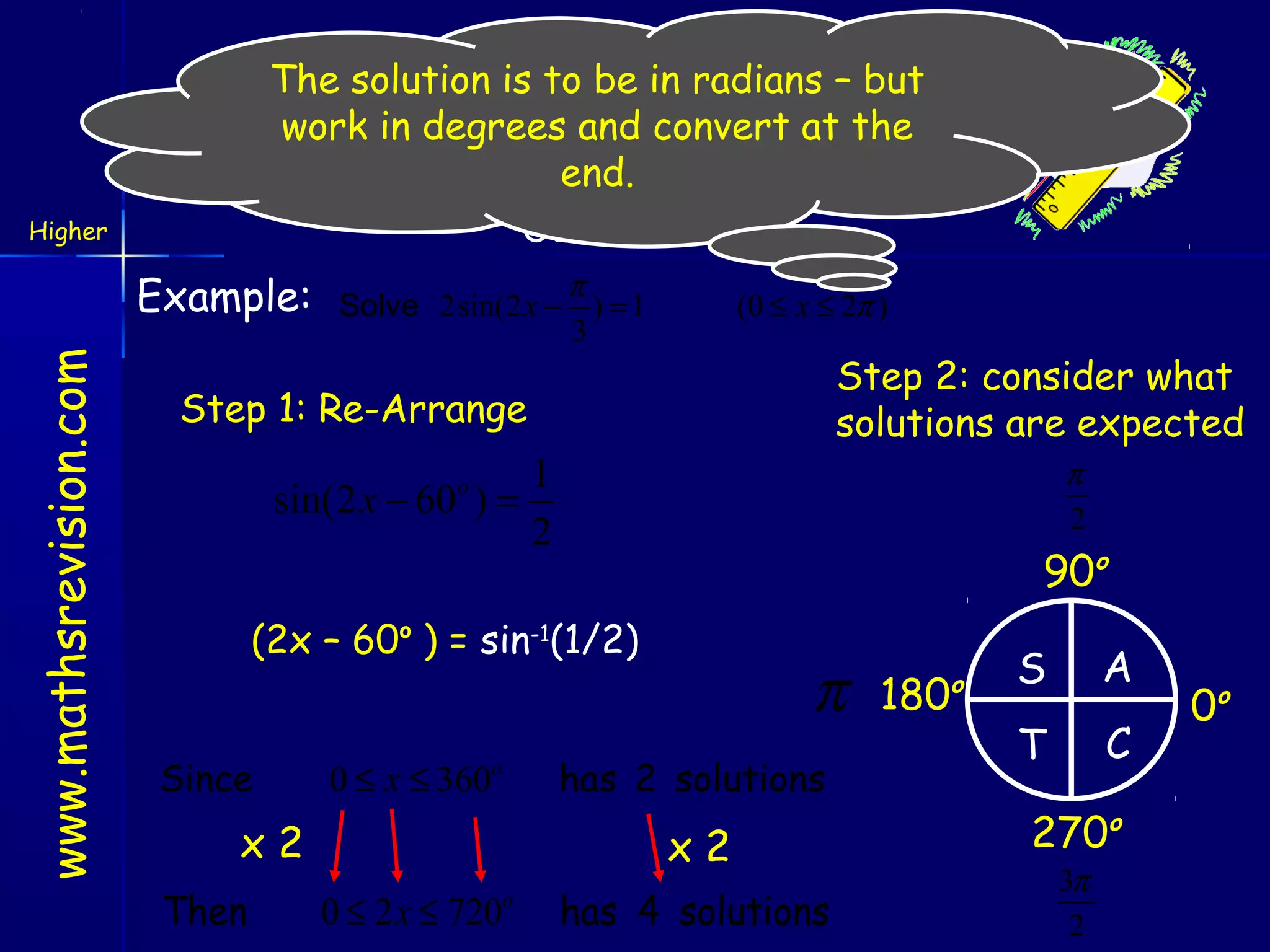 The solution is to be in radians – but
work in Trigonometric at the
Solvingdegrees and convertEquations
end.
Outcome 3

Higher

www.mathsrevision.com

Example:

π
Solve 2sin(2 x − ) = 1
3

(0 ≤ x ≤ 2π )

Step 2: consider what
solutions are expected

Step 1: Re-Arrange

1
sin(2 x − 60 ) =
2

π
2

o

90o

(2x – 60o ) = sin-1(1/2)
Since

0 ≤ x ≤ 360

has 2 solutions

o

x2
Then

π
x2

0 ≤ 2 x ≤ 720

o

has 4 solutions

180

o

S

A

T

C

270o
3π
2

0o

 
