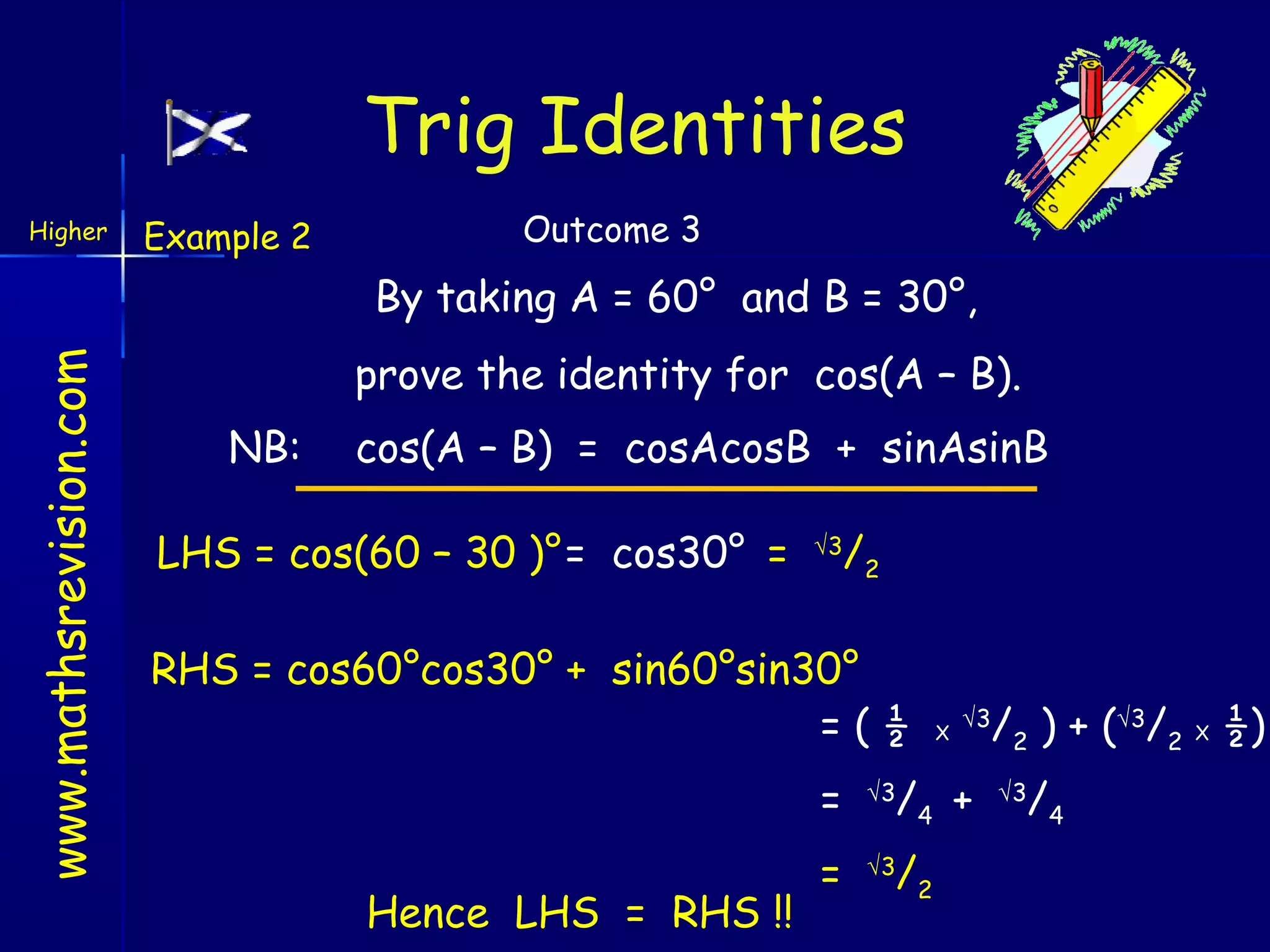 Trig Identities
Higher

Example 2

Outcome 3

www.mathsrevision.com

By taking A = 60° and B = 30°,
prove the identity for cos(A – B).
NB:

cos(A – B) = cosAcosB + sinAsinB

LHS = cos(60 – 30 )° = cos30° =

√3

/2

RHS = cos60°cos30° + sin60°sin30°
=(½

X

√3

=
Hence LHS = RHS !!

√3

/4 +

=

√3

/2

/2 ) + (√3/2 X ½)
√3

/4

 