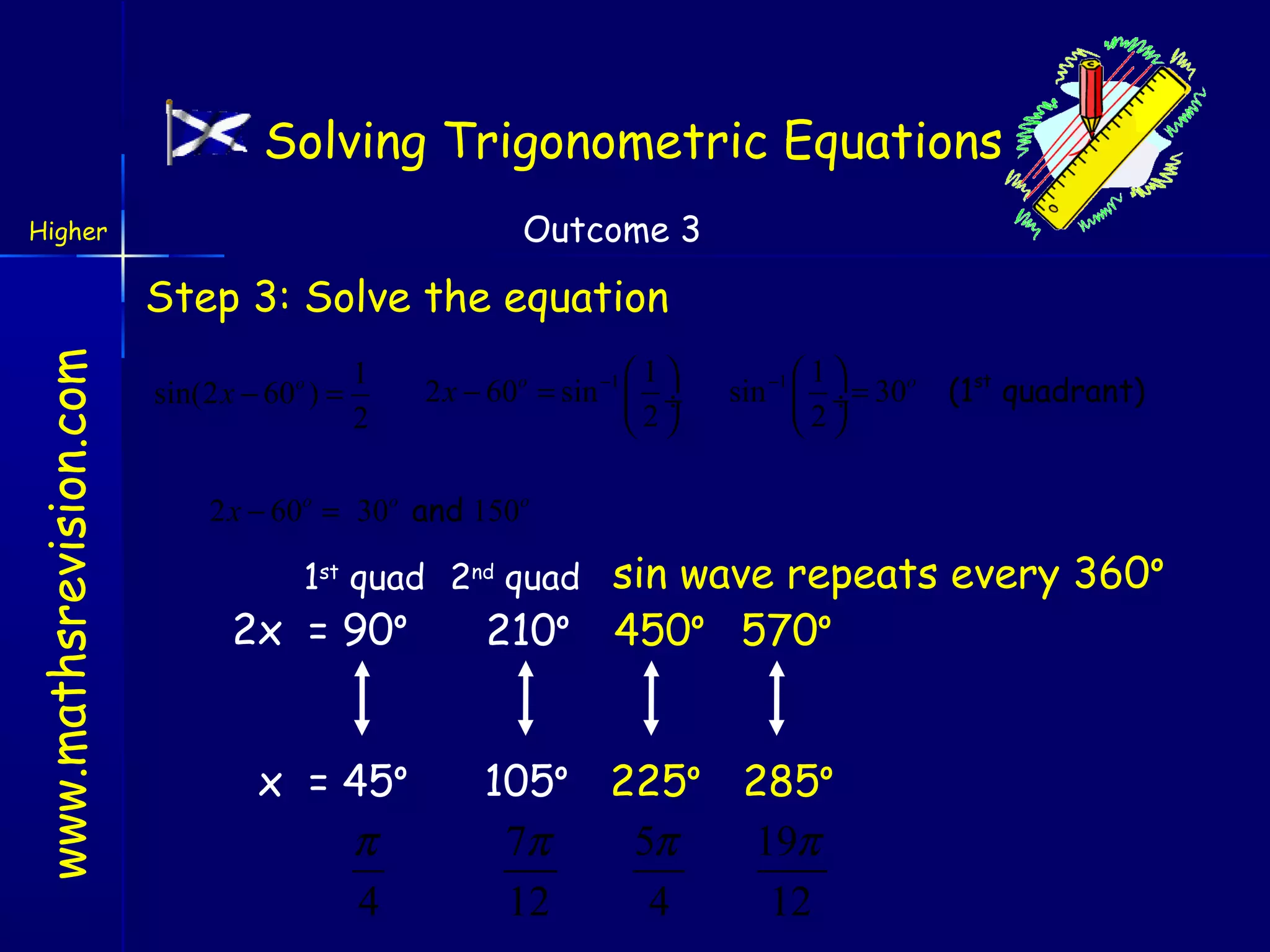 Solving Trigonometric Equations
Outcome 3

Higher

www.mathsrevision.com

Step 3: Solve the equation
sin(2 x − 60o ) =

1
2

1
2 x − 60o = sin −1  ÷
2

1
sin −1  ÷ = 30o
2

(1st quadrant)

2 x − 60o = 30o and 150o

1st quad 2nd quad

2x = 90o

x = 45o
π
4

210o

sin wave repeats every 360o
450o 570o

105o 225o
7π
5π
12
4

285o
19π
12

 