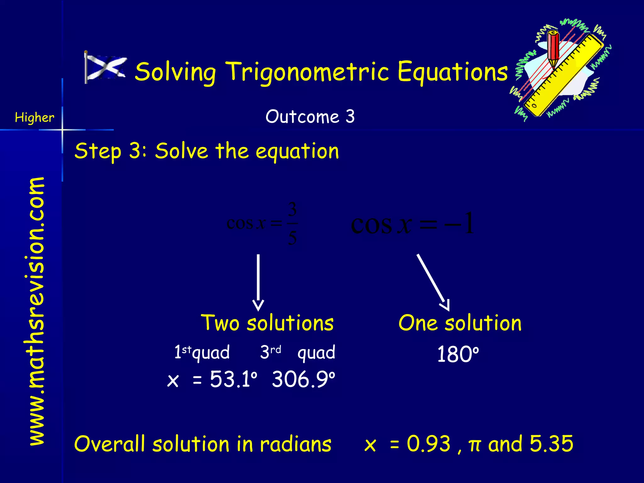 Solving Trigonometric Equations
Outcome 3

Higher

www.mathsrevision.com

Step 3: Solve the equation
cos x =

3
5

Two solutions
1stquad

3rd quad

x = 53.1o 306.9o
Overall solution in radians

cos x = −1
One solution
180o

x = 0.93 , π and 5.35

 