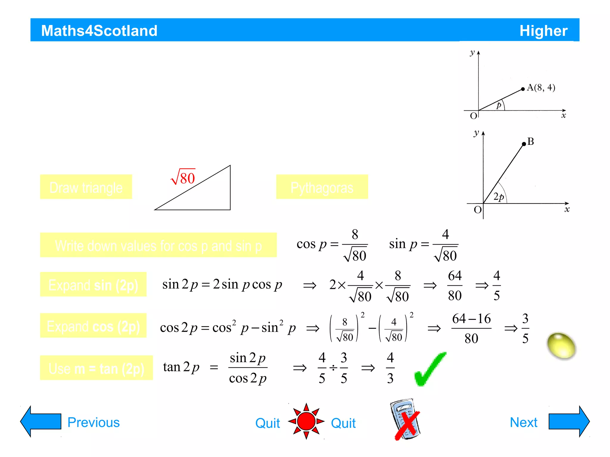 Maths4Scotland

Higher

A is the point (8, 4). The line OA is inclined at an angle p radians to the
x-axis
a) Find the exact values of:
i) sin (2p)
ii) cos (2p)
The line OB is inclined at an angle 2p radians to the x-axis.
b) Write down the exact value of the gradient of OB.
Draw triangle

80

Pythagoras

4

p
8

8
sin p =
80
4
8
⇒ 2×
×
⇒
80
80

cos p =

Write down values for cos p and sin p
Expand sin (2p)

sin 2 p = 2sin p cos p

Expand cos (2p)

cos 2 p = cos p − sin p ⇒

Use m = tan (2p)

tan 2 p =

Previous

2

2

sin 2 p
cos 2 p
Quit

⇒

( ) ( )
8
80

2

−

4
80

2

⇒

4
80
64
4
⇒
80
5
64 − 16
3
⇒
80
5

4 3
4
÷
⇒
5 5
3
Quit

Hint
Next

 