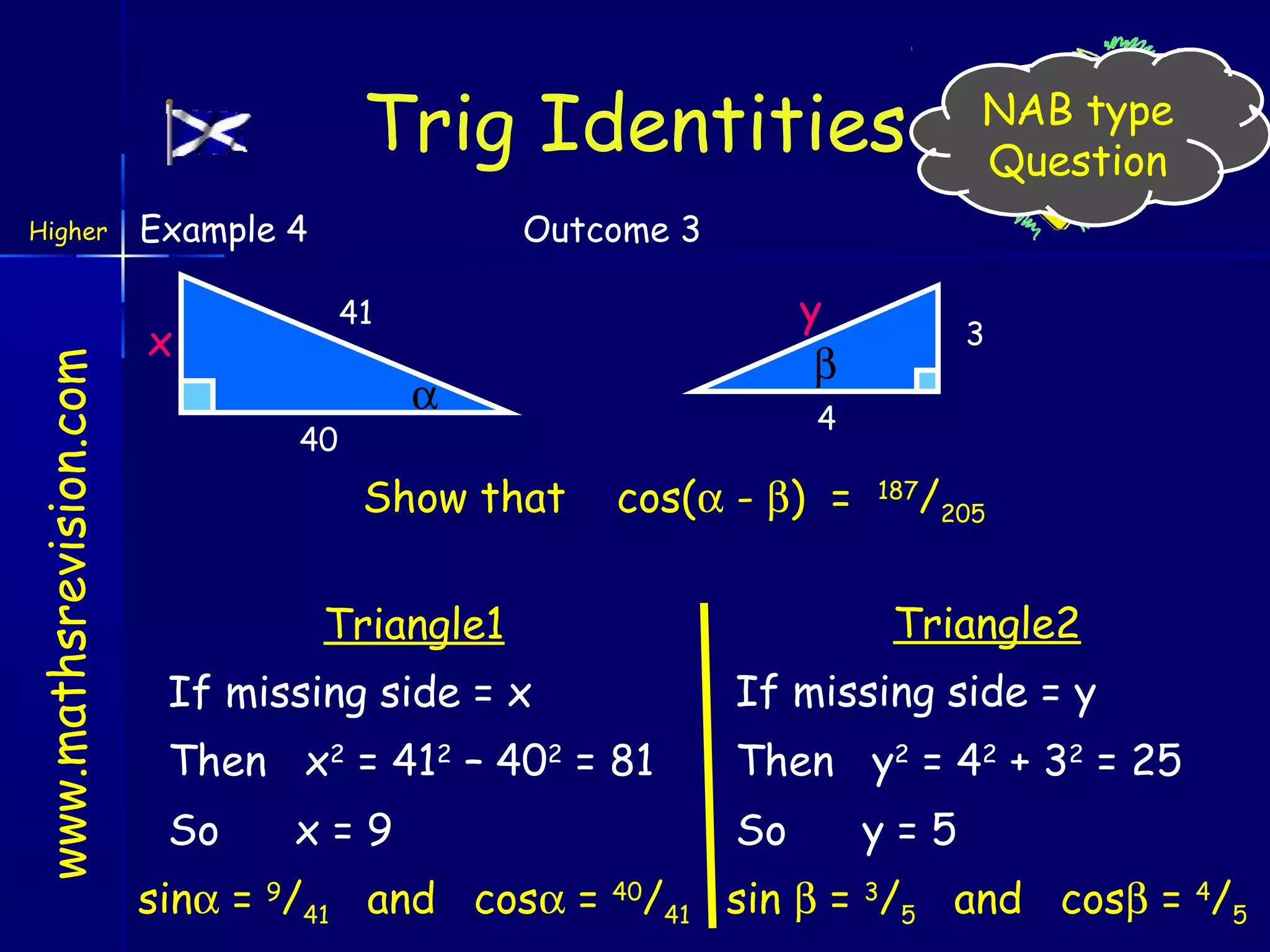 Trig Identities
www.mathsrevision.com

Higher

Example 4

NAB type
Question

Outcome 3

y
β

41

x

α

40

Show that

3

4

cos(α - β) =

187

/205

Triangle2

Triangle1
If missing side = x

If missing side = y

Then x2 = 412 – 402 = 81

Then y2 = 42 + 32 = 25

So

So

x=9

y=5

sinα = 9/41 and cosα = 40/41 sin β = 3/5 and cosβ = 4/5

 