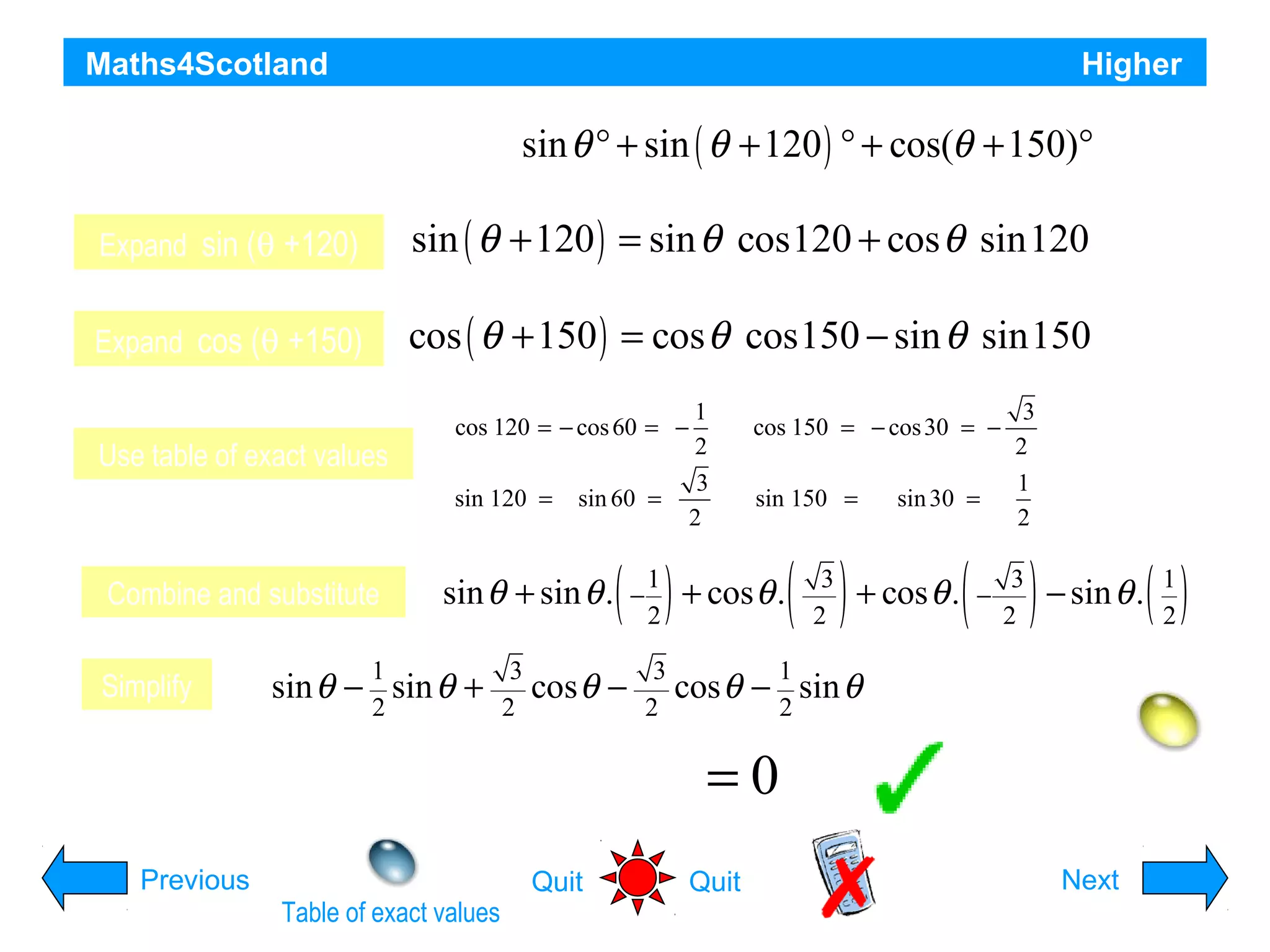 Maths4Scotland

Higher

Find algebraically the exact value of

sin θ ° + sin ( θ + 120 ) ° + cos(θ + 150)°

Expand sin (θ +120)

sin ( θ + 120 ) = sin θ cos120 + cos θ sin120

Expand cos (θ +150)

cos ( θ + 150 ) = cos θ cos150 − sin θ sin150

Use table of exact values

cos 120 = − cos 60 = −
sin 120 =

Combine and substitute
Simplify

sin 60 =

sin θ + sin θ .

1
2

sin θ − sin θ +

3
2

1
2
3
2

cos 150 = − cos 30 = −
sin 150 =

sin 30 =

3
2
1
2

( ) + cosθ .( ) + cos θ .( ) − sin θ . ( )

cos θ −

−

1
2

3
2

3
2

−

3
2

1
2

1
2

cos θ − sin θ

=0
Previous
Table of exact values

Quit

Quit

Hint
Next

 