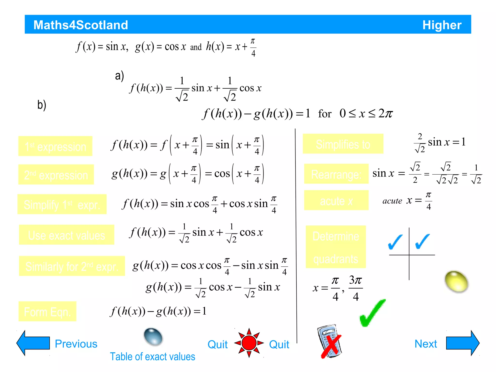 Maths4Scotland

Higher

Functions f ( x) = sin x, g ( x) = cos x
a)
b)

i)

2 expression
nd

h( x ) = x +

Find expressions for
1
1

f (h( x)) =

Show that

1st expression

and

sin x +

2

2

π
4

are defined on a suitable set of real numbers

i) f(h(x))

cos x

ii) Find a similar expression for g(h(x))
f (h( x )) − g (h( x )) = 1 for 0 ≤ x ≤ 2π
iii) Hence solve the equation
2
π
π
sin x = 1
f (h( x)) = f x + = sin x +
Simplifies to
2
4
4

( ) ( )
g (h( x)) = g ( x + ) = cos ( x + )
π
4

f

Simplify 1 expr.
st

π
4

π
(h( x)) = sin x cos
4
1
2

Rearrange: sin x =

π
+ cos x sin
4
1
2

Use exact values

f ( h( x)) =

Similarly for 2nd expr.

g (h( x )) = cos x cos − sin x sin

sin x +

g (h( x)) =

Form Eqn.

ii) g(h(x))

1
2

acute x

cos x

π
4

cos x −

1
2

Determine
π
4

sin x

f ( h( x)) − g ( h( x)) = 1

Previous
Table of exact values

Quit

Quit

acute

2
=
2

x=

2
1
=
2 2
2

π
4

S

A

T

C

quadrants
x=

π 3π
,
4 4

Hint
Next

 