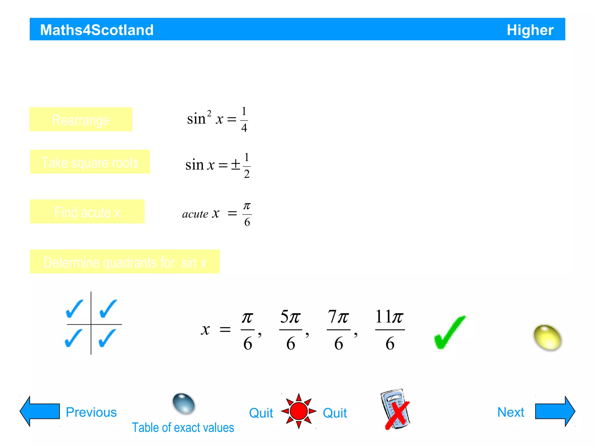 Maths4Scotland

Higher

Find the exact solutions of 4sin2 x = 1, 0 ≤ x ≤ 2π

sin 2 x =

Rearrange
Take square roots
Find acute x

1
4

sin x = ±

1
2

x =

π
6

acute

Determine quadrants for sin x
S

T

+ and – from the square root requires all 4 quadrants

A

C

π 5π 7π 11π
x = ,
,
,
6
6
6
6
Hint

Previous
Table of exact values

Quit

Quit

Next

 