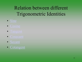 11
Relation between different
Trigonometric Identities
• Sine
• Cosine
• Tangent
• Cosecant
• Secant
• Cotangent
 