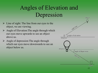 12
Angles of Elevation and
Depression
 Line of sight: The line from our eyes to the
object, we are viewing.
 Angle of Elevation:The angle through which
our eyes move upwards to see an object
above us.
 Angle of depression:The angle through
which our eyes move downwards to see an
object below us.
 