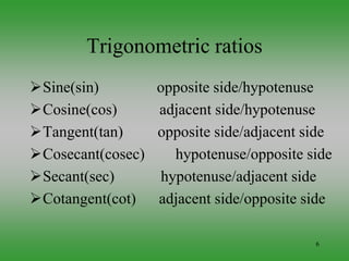 6
Trigonometric ratios
Sine(sin) opposite side/hypotenuse
Cosine(cos) adjacent side/hypotenuse
Tangent(tan) opposite side/adjacent side
Cosecant(cosec) hypotenuse/opposite side
Secant(sec) hypotenuse/adjacent side
Cotangent(cot) adjacent side/opposite side
 