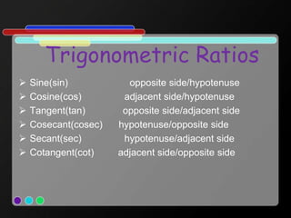 Trigonometric Ratios
 Sine(sin) opposite side/hypotenuse
 Cosine(cos) adjacent side/hypotenuse
 Tangent(tan) opposite side/adjacent side
 Cosecant(cosec) hypotenuse/opposite side
 Secant(sec) hypotenuse/adjacent side
 Cotangent(cot) adjacent side/opposite side
 