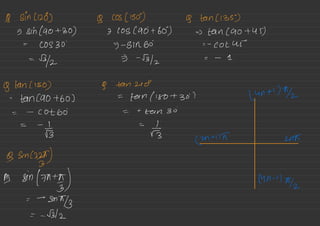 gsinl.RO)
sin (90+30)
COS ( 1509
COS (90+60)
& tan CBS)
Lancao -145
)
=
COS 30
'
=) -
51h60 = -
Lotus
"
=
B12 -53/2 = -
9-
glanciso) 9 tonnes
=
tncao -160 ) =
ten / 180+307 (4^+1)^72
=
-
C. 0€60 = + teen 30
'
= -
Fg
=
£3
Cn
-11 )Ñ 2nA
Ossining
)
A sin /7AM
;) M -
"
%
=
-
Smitty
= -5312
 
