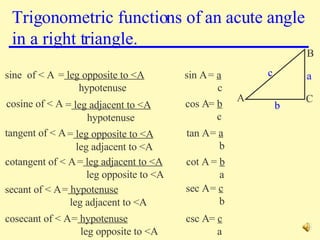 Trigonometric functions of an acute angle in a right triangle. sine  of < A =  a c cosine of < A cos A tangent of < A tan A cotangent of < A cot A secant of < A sec A cosecant of < A csc A c a b C A B =  leg opposite to <A hypotenuse =  leg adjacent to <A hypotenuse =  leg opposite to <A leg adjacent to <A =  leg adjacent to <A leg opposite to <A =  hypotenuse leg adjacent to <A =  hypotenuse leg opposite to <A  sin A =  b c =  a b =  b a =  c b =  c a 
