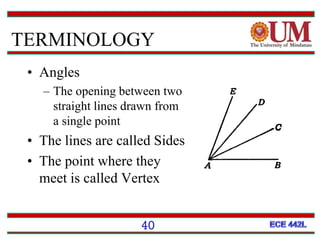 • Angles
– The opening between two
straight lines drawn from
a single point
• The lines are called Sides
• The point where they
meet is called Vertex
40
TERMINOLOGY
 