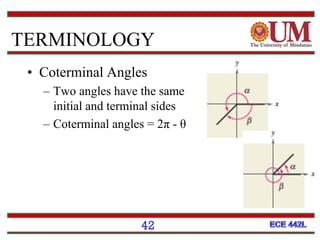 • Coterminal Angles
– Two angles have the same
initial and terminal sides
– Coterminal angles = 2π - θ
42
TERMINOLOGY
 