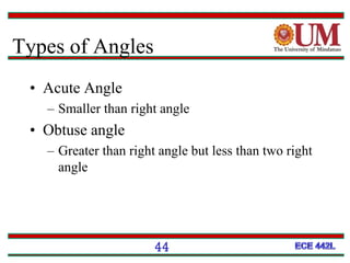 Types of Angles
• Acute Angle
– Smaller than right angle
• Obtuse angle
– Greater than right angle but less than two right
angle
44
 