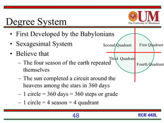 Degree System
• First Developed by the Babylonians
• Sexagesimal System
• Believe that
– The four season of the earth repeated
themselves
– The sun completed a circuit around the
heavens among the stars in 360 days
– 1 circle = 360 days = 360 steps or grade
– 1 circle = 4 season = 4 quadrant
Fourth Quadrant
First QuadrantSecond Quadrant
Third Quadrant
48
 