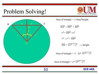 Problem Solving!
Area of triangle = ½ base*height
𝑂𝐴2 = 𝑂𝐷2 + 𝐴𝐷2
O
AB
rr
𝜃
C C
D
𝑟2
= 𝑂𝐷2 +𝑐2
𝑟2
- 𝑐2
= 𝑂𝐷2
𝑂𝐷 = 𝑟2 − 𝑐22
----height
Area of triangle = ½ 2c* 𝑟2 − 𝑐22
Area of triangle = c* 𝑟2 − 𝑐22
53
 