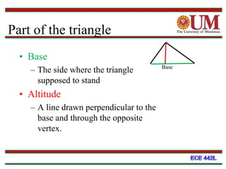 Part of the triangle
• Base
– The side where the triangle
supposed to stand
• Altitude
– A line drawn perpendicular to the
base and through the opposite
vertex.
Base
60
 