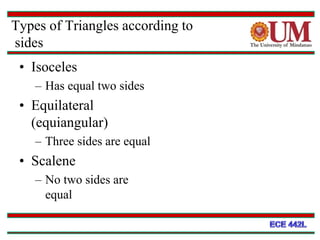 • Isoceles
– Has equal two sides
• Equilateral
(equiangular)
– Three sides are equal
• Scalene
– No two sides are
equal
Types of Triangles according to
sides
63
 
