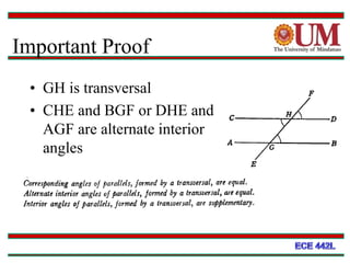 Important Proof
• GH is transversal
• CHE and BGF or DHE and
AGF are alternate interior
angles
64
 