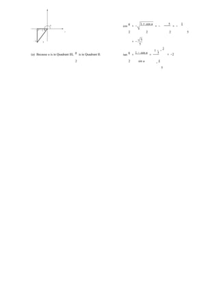
u cos
u 1 + cos u
= − = −
5
= −
1
−3 x 2 2 2 5
−4 5
5
= −
5
1 − −
3
(a) Because u is in Quadrant III,
u
is in Quadrant II. tan
u 1 − cos u
= =
5 = −2
2 2 sin u
−
4
5

 