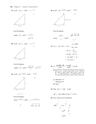 θ 15° 30° 45° 60° 75° 90°
s 18.66 8.66 5 2.89 1.34 0
1
226 Chapter 2 Analytic Trigonometry
57. Let θ = sin−1
x sin θ = x =
x
. 60. Let θ = cos−1 x + 1
cos θ =
x + 1
.
1 2 2
1
x 2
4 − (x + 1)2
θ
1 − x2
θ
x + 1
From the diagram, From the diagram,
tan(sin−1
x) = tan θ =
x
. −1 x + 1 4 − (x + 1)2
1 − x2 tancos
2
= tan θ =
x 1
.
58. Let θ = sin−1
x sin θ = x =
x
.
+
1 cos x
1 61. cos x − csc x cot x = cos x −
sin x sin x
1 
= cos x1 −
sin2
x
x
θ
1 − x2
= cos x(1 − csc2
x)
= −cos x(csc2
x − 1)
= −cos x cot2
x
From the diagram,
cos(sin−1
x) = cos θ
1 − x2
= =
1
1 − x2
.
62. (a)
(b)
h sin(90° −θ)
sin θ
=
h cos θ
= h cot θ
sin θ
59. Let θ = sin−1 x − 1
sin θ =
x − 1
.
4 4
4
x − 1
(c) Maximum: 15°
Minimum: 90°
(d) Noon
θ 63. False. tan x2
= tan(x ⋅ x) and
16 − (x − 1)2
From the diagram,
tansin−1 x − 1
= tan θ
x − 1
= .
tan2
x = (tan x)(tan x), tan x2
64. True. Cosine is an even function,
≠ tan2
x.
π  π
4  16 − (x − 1)
2
cosθ − = cos− − θ
2  
= cos
π
2 
− θ
2


= sin θ.
 
