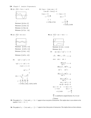 2
+=
238 Chapter 2 Analytic Trigonometry
82. (a) f (x) = 2 sin x + cos 2x
3
(b) 2 cos x − 4 sin x cos x = 0
2 cos x(1 − 2 sin x) = 0
2 cos x = 0 1 − 2 sin x = 0
0 2π
x =
π
,
3π
sin x =
1
2 2 2
−3
Maximum: (0.5236, 1.5)
Maximum: (2.6180, 1.5)
Minimum: (1.5708, 1.0)
Minimum: (4.7124, −3.0)
≈ 1.5708, 4.7124 x =
π
,
5π
6 6
≈ 0.5236, 2.6180
83. (a) f (x) = sin x cos x
2
84. (a) f (x) = sec x + tan x − x
6
0 2π 0 2π
−2
Maximum: (0.7854, 0.5)
Maximum: (3.9270, 0.5)
Minimum: (2.3562, −0.5) (b)
−8
Maximum: (3.1416, −4.1416)
Minimum: (0, 1)
sec x tan x + sec2
x − 1 = 0
Minimum: (5.4978, −0.5) 1
⋅
sin x
+
1
− 1 = 0
(b) −sin2
x + cos2
x = 0 cos x cos x cos x
−sin2
x + 1 − sin2
x = 0
−2 sin2
x + 1 = 0
sin x + 1
− 1 = 0
cos2
x
sin x + 1 cos2
x
− = 0
sin2
x =
1 cos2
x cos2
x
2 sin x + 1 − cos2
x
2
= 0
sin x = ±
1
= ±
2 cos x
2 2 sin x + sin2
x
= 0
x =
π
,
3π
,
5π
,
7π
4 4 4 4
≈ 0.7854, 2.3562, 3.9270, 5.4978
cos2
x
sin x + sin2
x = 0
sin x(1 + sin x) = 0
sin x = 0 or 1 + sin x = 0
x = 0, π
≈ 0, 3.1416
sin x = −1
x =
3π
2
3π
is undefined in original function. So, it is not
2
a solution.
85. The graphs of y1 = 2 sin x and y2
equation 2 sin x = 3x + 1.
= 3x + 1 appear to have one point of intersection. This implies there is one solution to the
86. The graphs of y1 = 2 sin x and y2
1
x 1 appear to have three points of intersection. This implies there are three solutions2
 
