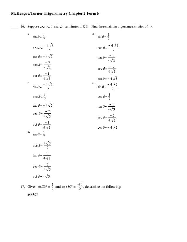 Trigonometry 8th Edition Mc Keague Test Bank