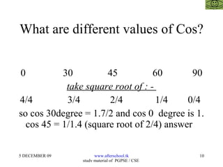 What are different values of Cos? 0  30  45  60  90 take square root of : -  4/4  3/4  2/4  1/4  0/4  so cos 30degree = 1.7/2 and cos 0  degree is 1. cos 45 = 1/1.4 (square root of 2/4) answer  