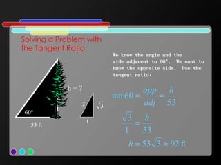 Solving a Problem with
the Tangent Ratio
60º
53 ft
h = ?
1
2 3
We know the angle and the
side adjacent to 60º. We want to
...