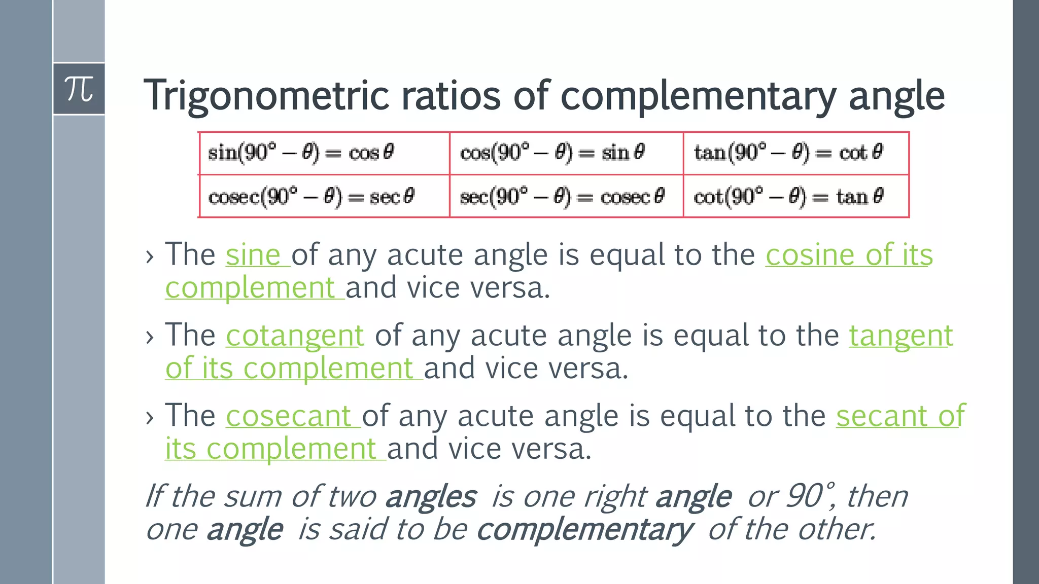 Trigonometric ratios of complementary angle
› The sine of any acute angle is equal to the cosine of its
complement and vice versa.
› The cotangent of any acute angle is equal to the tangent
of its complement and vice versa.
› The cosecant of any acute angle is equal to the secant of
its complement and vice versa.
If the sum of two angles is one right angle or 90°, then
one angle is said to be complementary of the other.
 