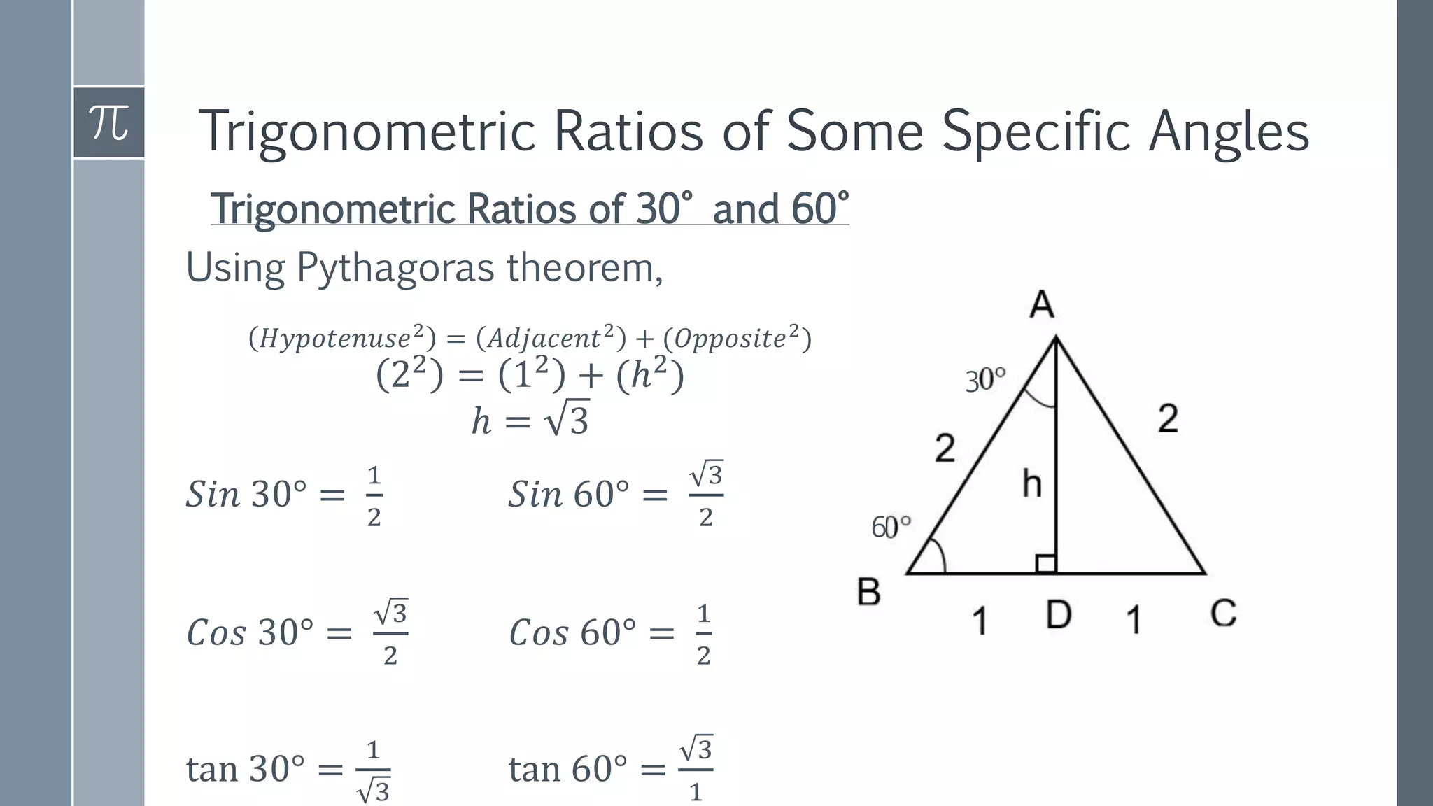 Trigonometric Ratios of Some Specific Angles
Trigonometric Ratios of 30° and 60°
Using Pythagoras theorem,
𝐻𝑦𝑝𝑜𝑡𝑒𝑛𝑢𝑠𝑒2
= 𝐴𝑑𝑗𝑎𝑐𝑒𝑛𝑡2
+ (𝑂𝑝𝑝𝑜𝑠𝑖𝑡𝑒2
)
22
= 12
+ (ℎ2
)
ℎ = 3
𝑆𝑖𝑛 30° =
1
2
𝑆𝑖𝑛 60° =
3
2
𝐶𝑜𝑠 30° =
3
2
𝐶𝑜𝑠 60° =
1
2
tan 30° =
1
3
tan 60° =
3
1
3
6
 