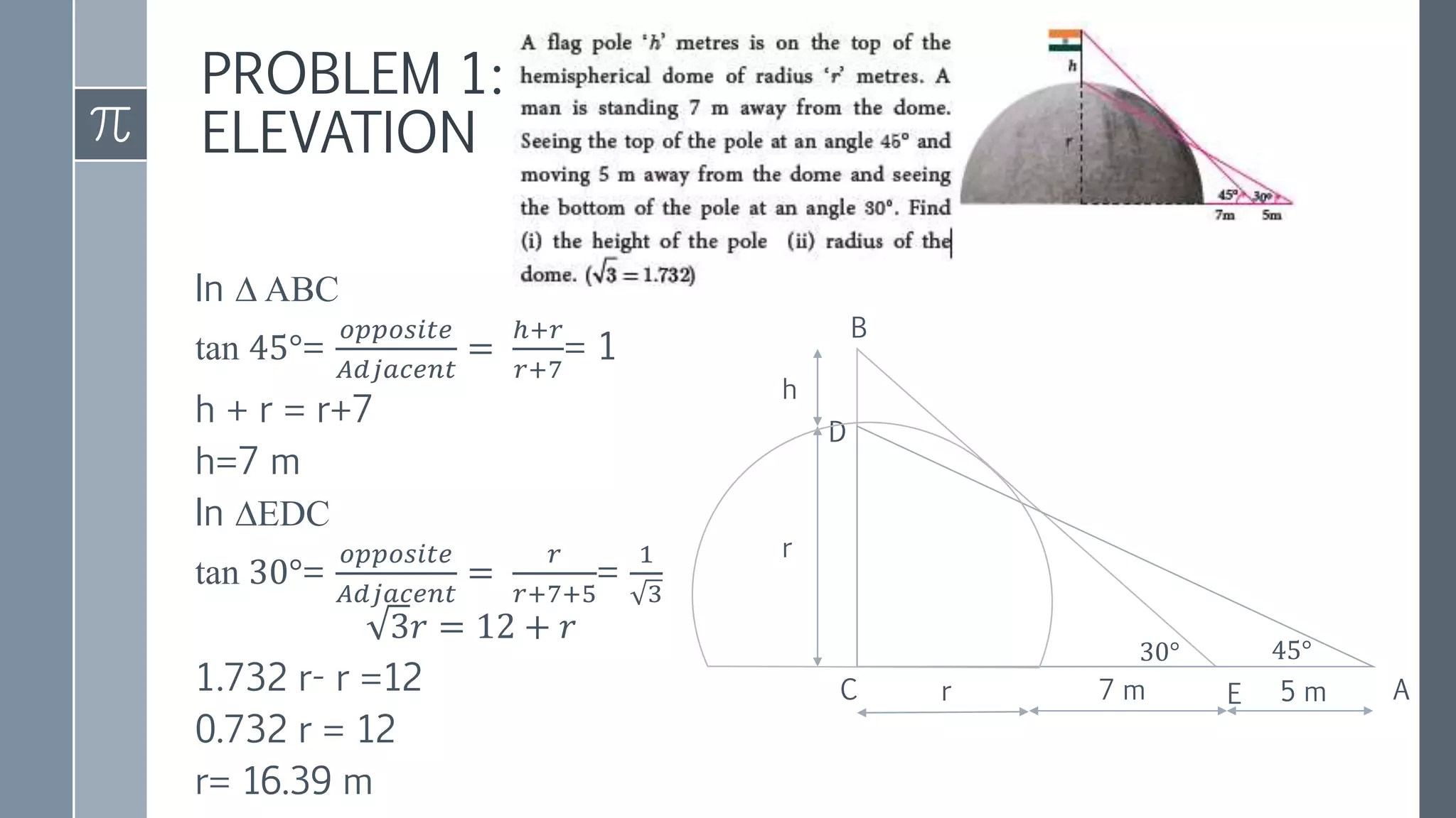 PROBLEM 1:
ELEVATION
A
B
D
C 7 m 5 m
h
r
45°
30°
E
r
In ∆ ABC
tan 45°=
𝑜𝑝𝑝𝑜𝑠𝑖𝑡𝑒
𝐴𝑑𝑗𝑎𝑐𝑒𝑛𝑡
=
ℎ+𝑟
𝑟+7
= 1
h + r = r+7
h=7 m
In ∆EDC
tan 30°=
𝑜𝑝𝑝𝑜𝑠𝑖𝑡𝑒
𝐴𝑑𝑗𝑎𝑐𝑒𝑛𝑡
=
𝑟
𝑟+7+5
=
1
3
3𝑟 = 12 + 𝑟
1.732 r- r =12
0.732 r = 12
r= 16.39 m
 