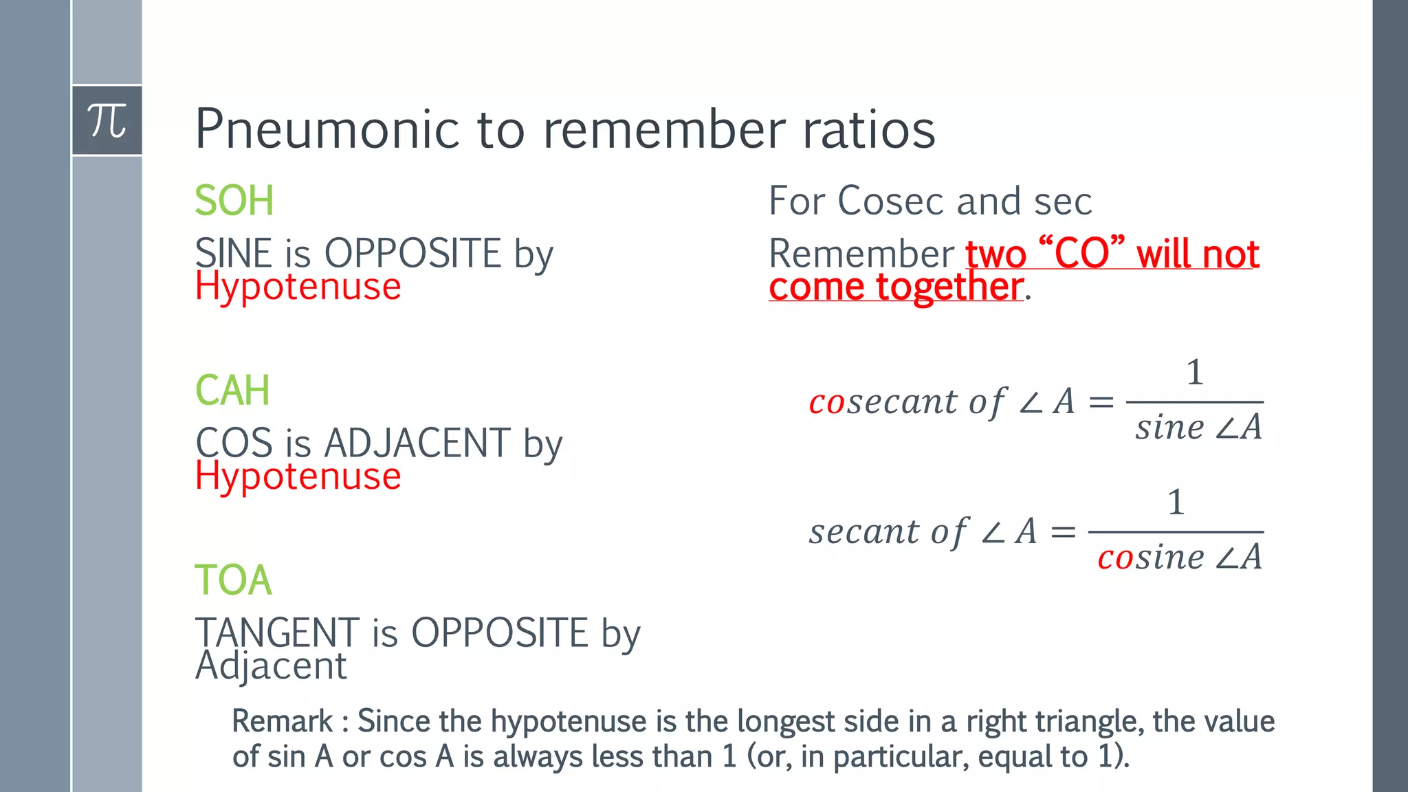 Pneumonic to remember ratios
SOH
SINE is OPPOSITE by
Hypotenuse
CAH
COS is ADJACENT by
Hypotenuse
TOA
TANGENT is OPPOSITE by
Adjacent
For Cosec and sec
Remember two “CO” will not
come together.
𝑐𝑜𝑠𝑒𝑐𝑎𝑛𝑡 𝑜𝑓 ∠ 𝐴 =
1
𝑠𝑖𝑛𝑒 ∠𝐴
𝑠𝑒𝑐𝑎𝑛𝑡 𝑜𝑓 ∠ 𝐴 =
1
𝑐𝑜𝑠𝑖𝑛𝑒 ∠𝐴
Remark : Since the hypotenuse is the longest side in a right triangle, the value
of sin A or cos A is always less than 1 (or, in particular, equal to 1).
 