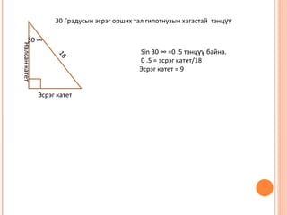 30 Градусын эсрэг орших тал гипотнузын хагастай тэнцүү

      30 °
Налсан катет



                                             Sin 30 ° =0 .5 тэнцүү байна.
                     18
                                             0 .5 = эсрэг катет/18
                                             Эсрэг катет = 9


               Эсрэг катет
 