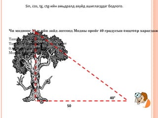 Sin, cos, tg, ctg-ийн амьдралд ахуйд ашиглагддаг бодлого.




Чи модноос 50 м ийн зайд зогсоод Модны оройг 40 градусын ө нцгөө р харагдаж

Тангесийн томъёо ашиглая.
Tan 40° = эсрэг катет/налсан катет
0.8391 = эсрэг катет/50
Модны өндөр 42.95 м




                                                          40°

                                     50
 