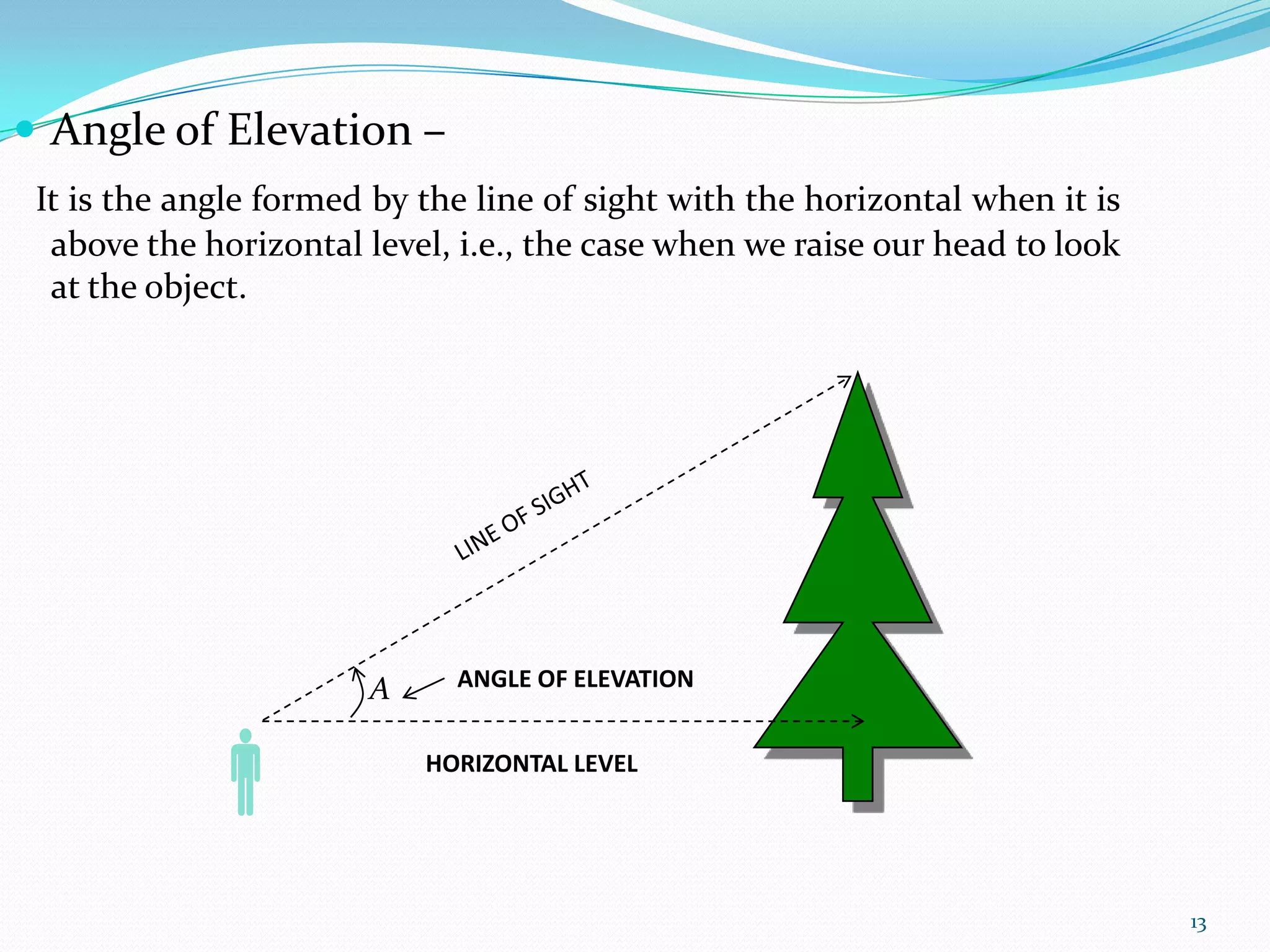  Angle of Elevation –
It is the angle formed by the line of sight with the horizontal when it is
above the horizontal level, i.e., the case when we raise our head to look
at the object.

A



ANGLE OF ELEVATION

HORIZONTAL LEVEL

13

 
