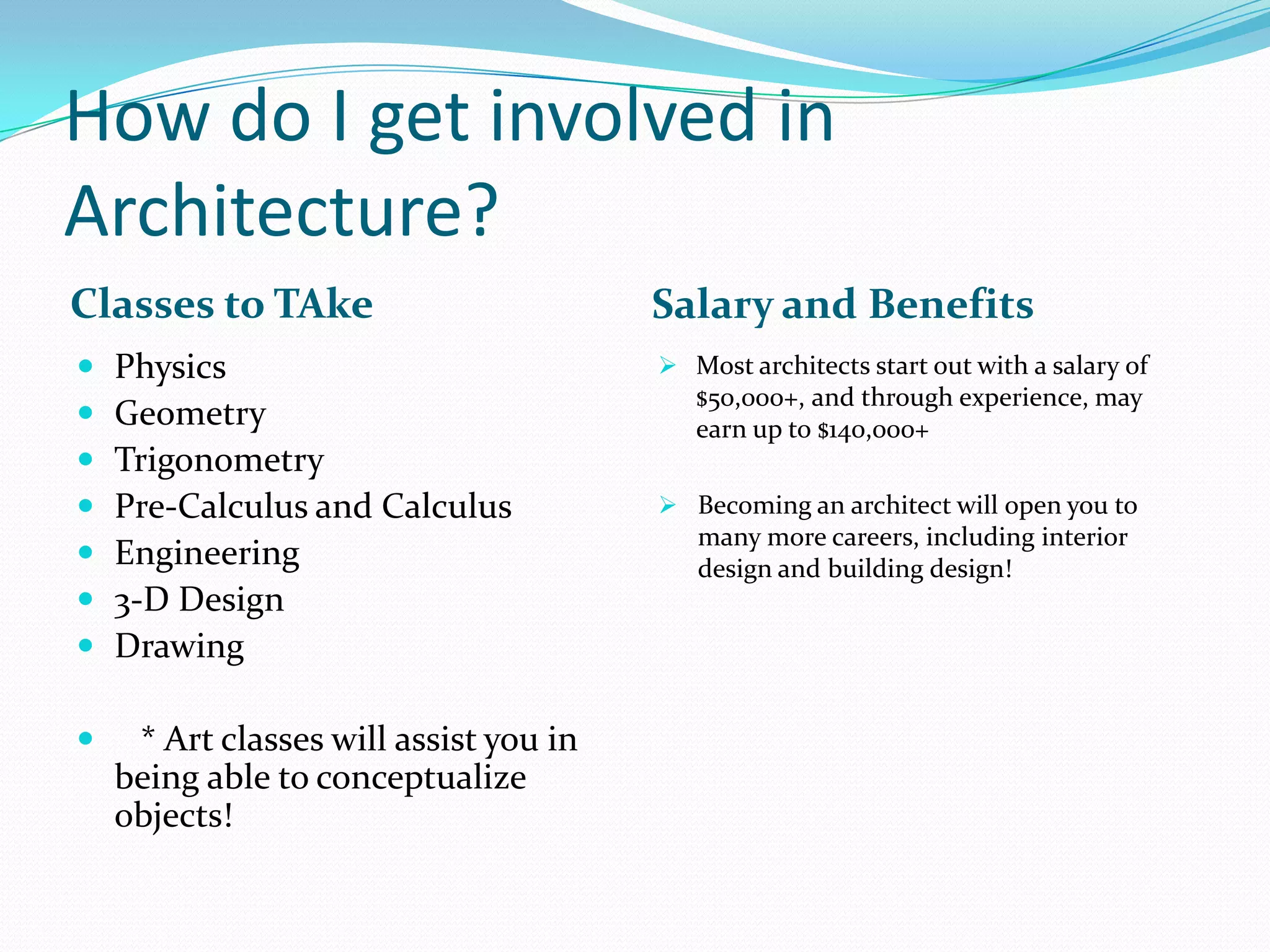 How do I get involved in
Architecture?
Classes to TAke

Salary and Benefits









Physics
Geometry
Trigonometry
Pre-Calculus and Calculus
Engineering
3-D Design
Drawing

 Most architects start out with a salary of



* Art classes will assist you in
being able to conceptualize
objects!

$50,000+, and through experience, may
earn up to $140,000+
 Becoming an architect will open you to

many more careers, including interior
design and building design!

 