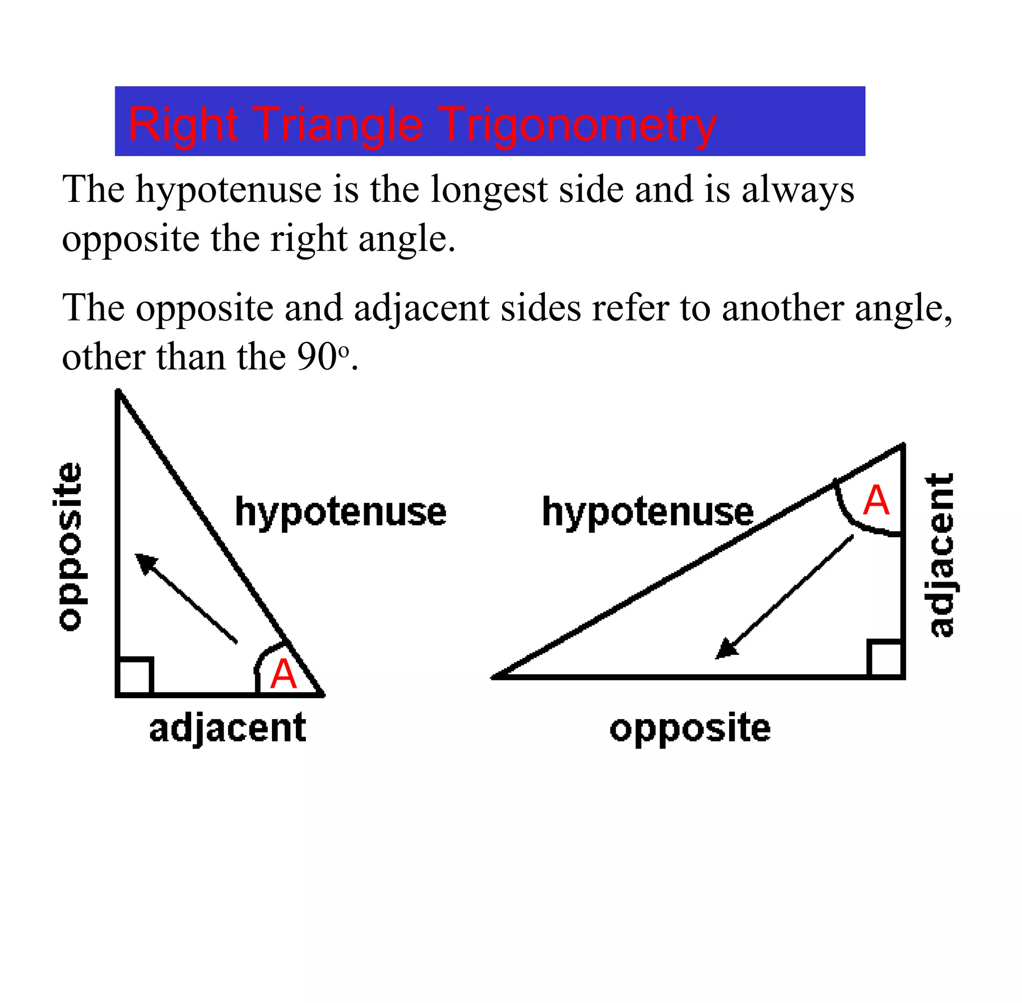 A
A
The hypotenuse is the longest side and is always
opposite the right angle.
The opposite and adjacent sides refer to another angle,
other than the 90o
.
Right Triangle Trigonometry
 