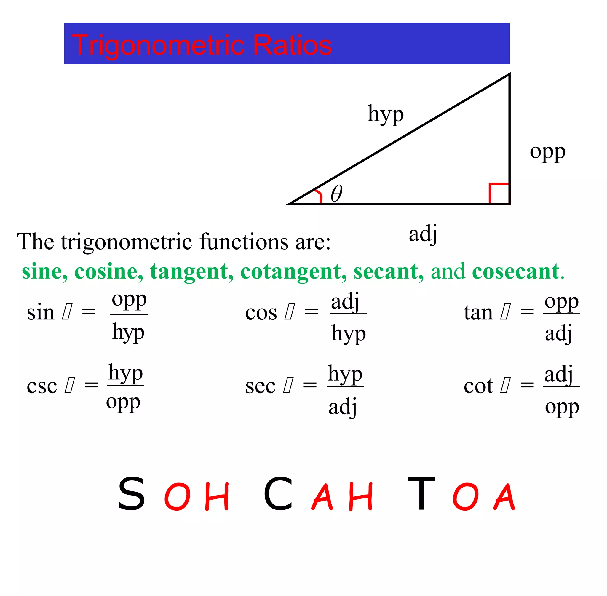 S O H C A H T O A
The trigonometric functions are:
sine, cosine, tangent, cotangent, secant, and cosecant.
opp
adj
hyp
θ
sin  = cos  = tan  =
csc  = sec  = cot  =
opp
hyp
adj
hyp
hyp
adj
adj
opp
opp
adj
hyp
opp
Trigonometric Ratios
 