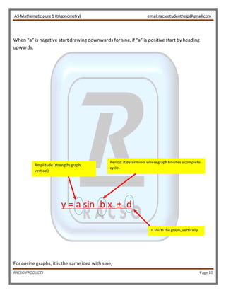 AS Mathematic pure 1 (trigonometry) email:racsostudenthelp@gmail.com 
When “a” is negative start drawing downwards for sine, if “a” is positive start by heading 
upwards. 
Amplitude (strengths graph 
vertical) 
Period: it determines where graph finishes a complete 
cycle. 
y = a sin b x ± d 
For cosine graphs, it is the same idea with sine, 
It shifts the graph, vertically. 
RACSO PRODUCTS Page 10 
 