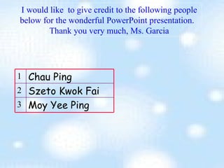 I would like  to give credit to the following people below for the wonderful PowerPoint presentation.  Thank you very much, Ms. Garcia Moy Yee Ping  3 Szeto Kwok Fai  2 Chau Ping 1 