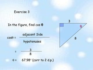Exercise 3  3 8 In the figure, find cos   cos   =  adjacent Side hypotenuses = 3 8    =  67.98   (corr to 2 d.p.)  