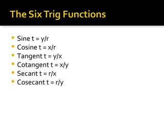 Sine t = y/r Cosine t = x/r Tangent t = y/x Cotangent t = x/y Secant t = r/x Cosecant t = r/y 