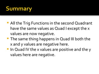 All the Trig Functions in the second Quadrant have the same values as Quad I except the x values are now negative. The same thing happens in Quad III both the x and y values are negative here. In Quad IV the x values are positive and the y values here are negative.  