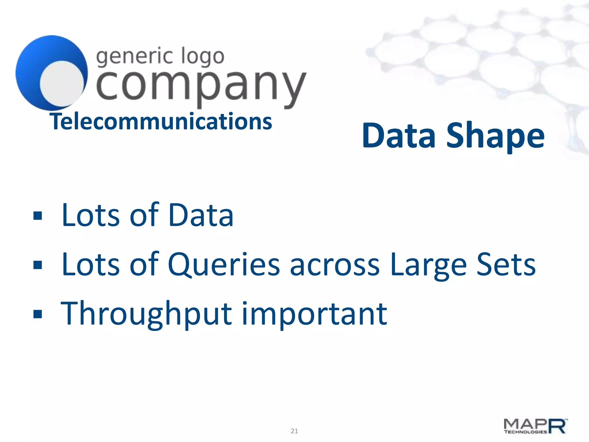 Telecommunications






Data Shape

Lots of Data
Lots of Queries across Large Sets
Throughput important

21

 