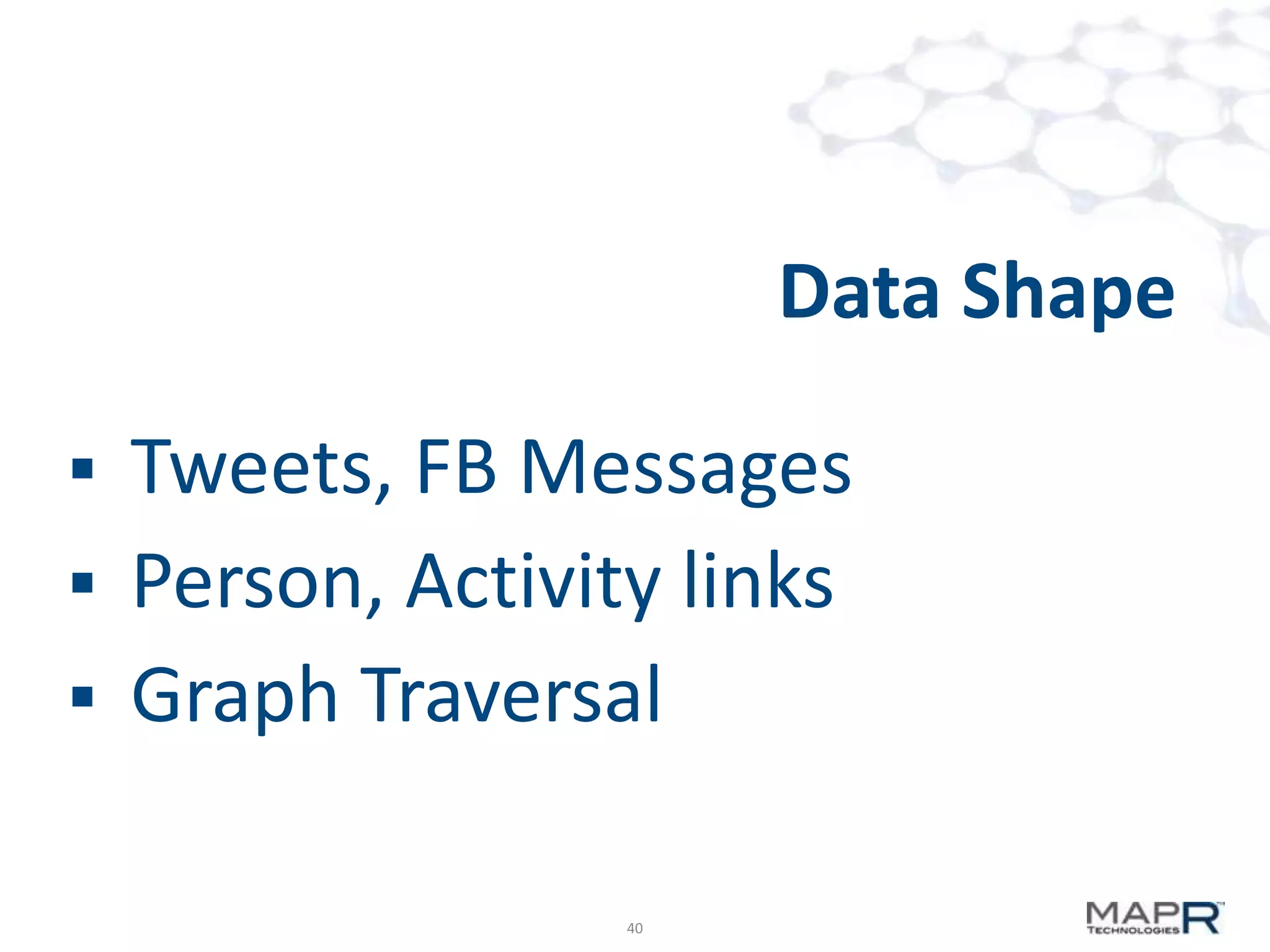 Data Shape

Tweets, FB Messages
 Person, Activity links
 Graph Traversal


40

 