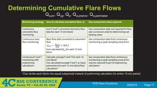 3/9/2016 Page 17
RTR Flare Provisions
Determining Cumulative Flare Flows
Qcum, Qvg, Qs, Qa,premix, Qa,perimeter
*Can divide each block into equal subperiods instead of performing calculation for entire 15-min period
Monitoring strategy How to calculate cumulative flow, Q Gas composition data required
Continuous
volumetric flow
monitoring
Sum P and T corrected volumetric flow
data for each 15-min block
Gas composition data not required for flow
rate conversion only for determining net
heating value
Continuous mass
flow monitoring
Mass flow data converted to volumetric
flow
𝑄𝑄𝑣𝑣𝑣𝑣𝑣𝑣 =
𝑄𝑄 𝑚𝑚𝑚𝑚𝑚𝑚𝑚𝑚
𝑀𝑀𝑀𝑀𝑡𝑡
× 385.3
Sum calculated Qvol for each 15-min
block
Gas composition data from continuous
monitoring or grab sampling every 8-hrs
Continuous P and T
monitoring with
engineering
calculations
Calculate average P and T for each 15-
min block*
Use calculated average P and T as input
parameters for each 15-min block flow
calculation*
Gas composition data from continuous
monitoring or grab sampling every 8-hrs
may be required if part of engineering
calculation
 