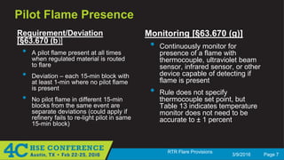 3/9/2016 Page 7
RTR Flare Provisions
Pilot Flame Presence
Requirement/Deviation
[§63.670 (b)]
• A pilot flame present at all times
when regulated material is routed
to flare
• Deviation – each 15-min block with
at least 1-min where no pilot flame
is present
• No pilot flame in different 15-min
blocks from the same event are
separate deviations (could apply if
refinery fails to re-light pilot in same
15-min block)
Monitoring [§63.670 (g)]
• Continuously monitor for
presence of a flame with
thermocouple, ultraviolet beam
sensor, infrared sensor, or other
device capable of detecting if
flame is present
• Rule does not specify
thermocouple set point, but
Table 13 indicates temperature
monitor does not need to be
accurate to ± 1 percent
 