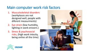 Main computer work risk factors
1. Musculoskeletal disorders
(workplaces are not
designed well, people with
diferent measu...